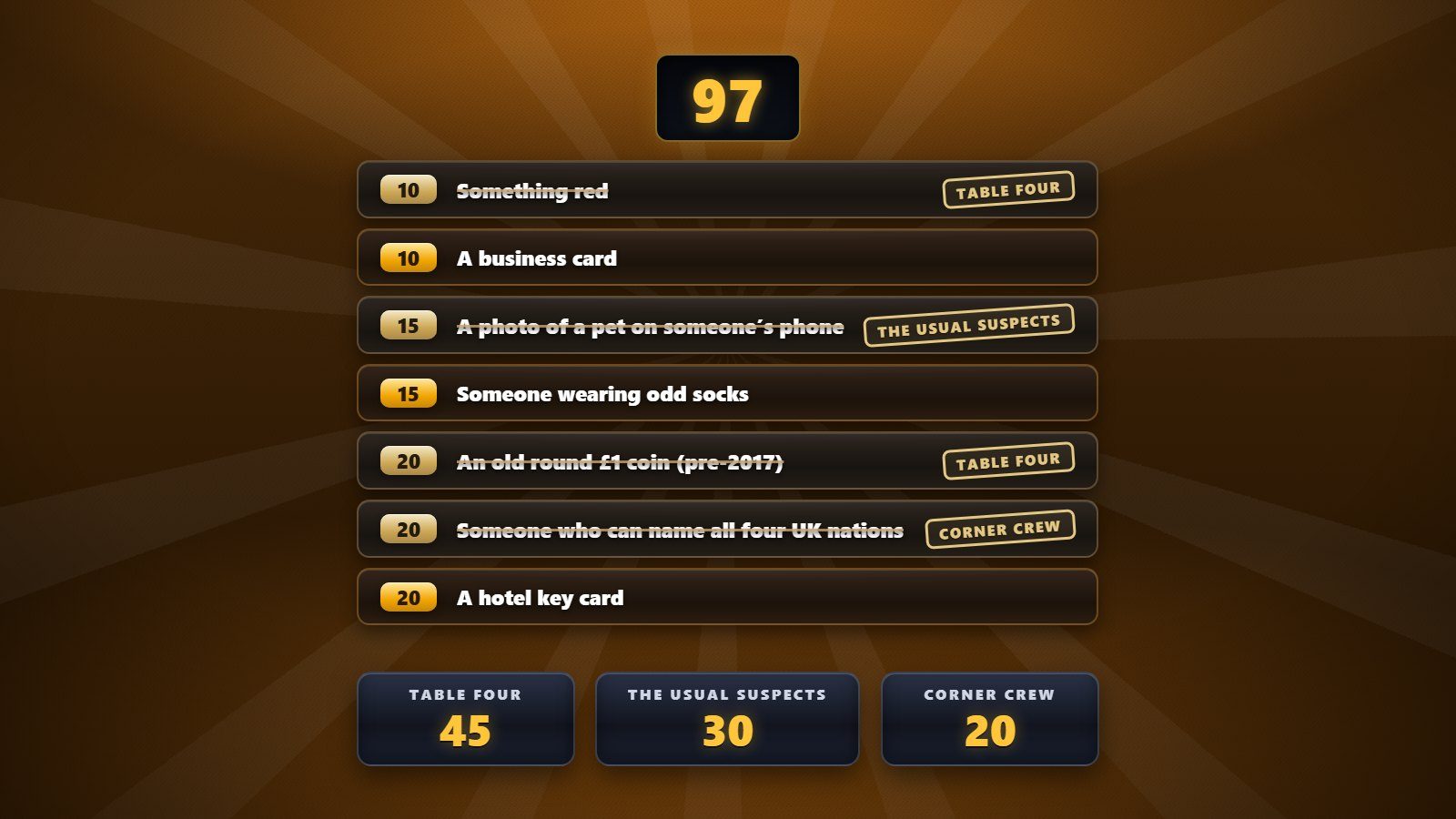 Scavenger Hunt board with a countdown clock