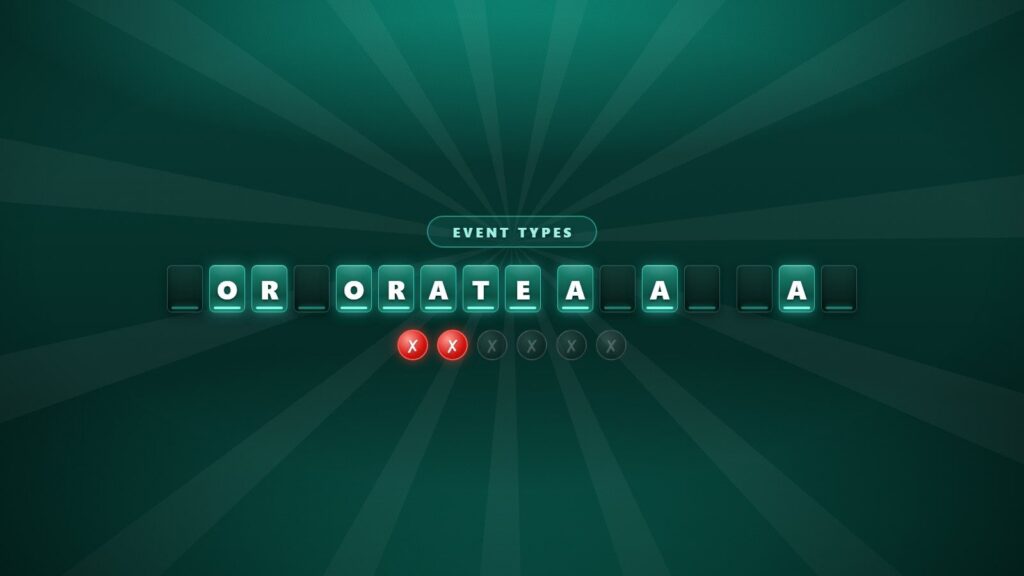 Guess the Phrase round on the big screen, with letter tiles partly revealed under the category Event Types