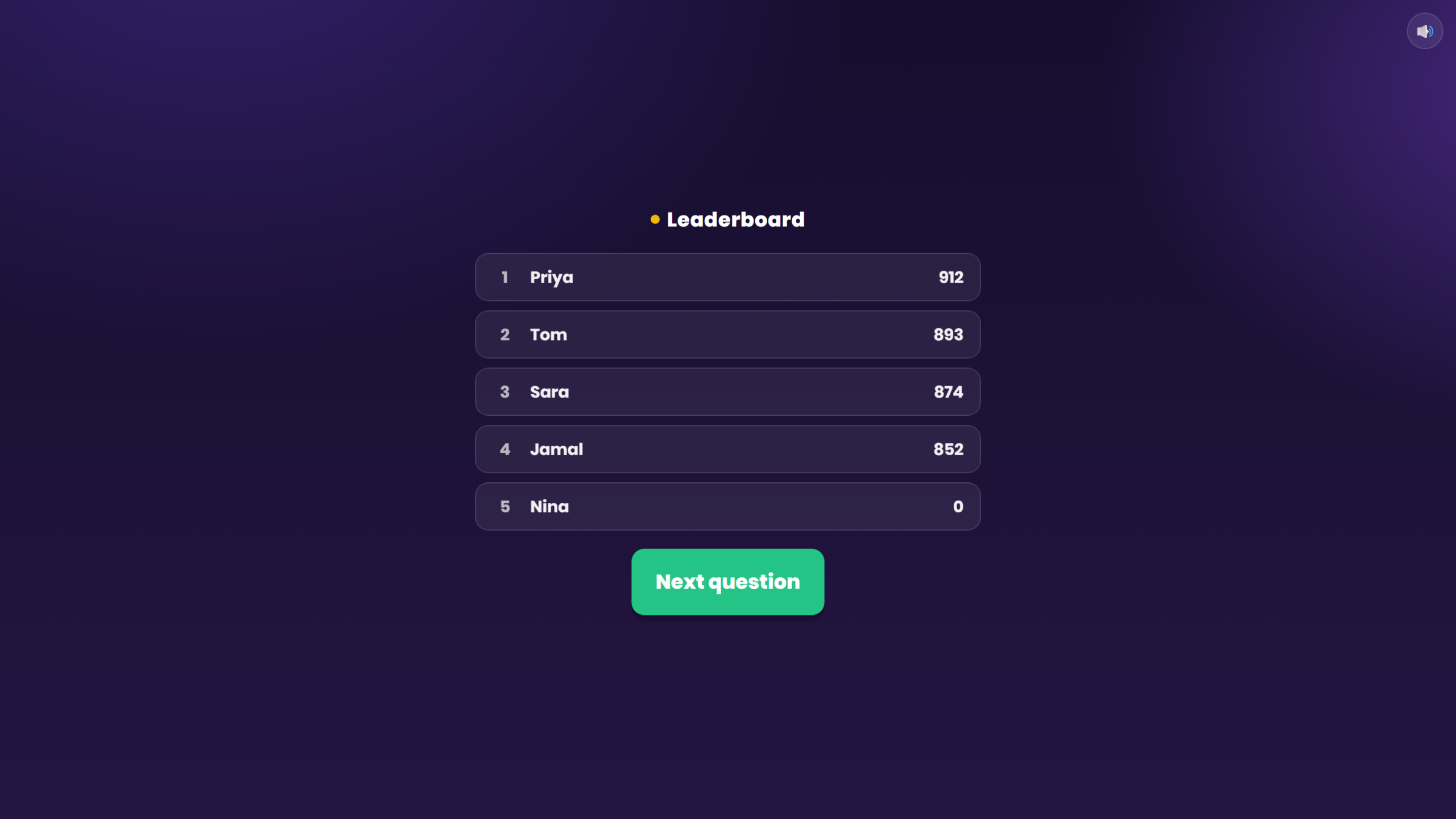 Quiz Live leaderboard on the big screen