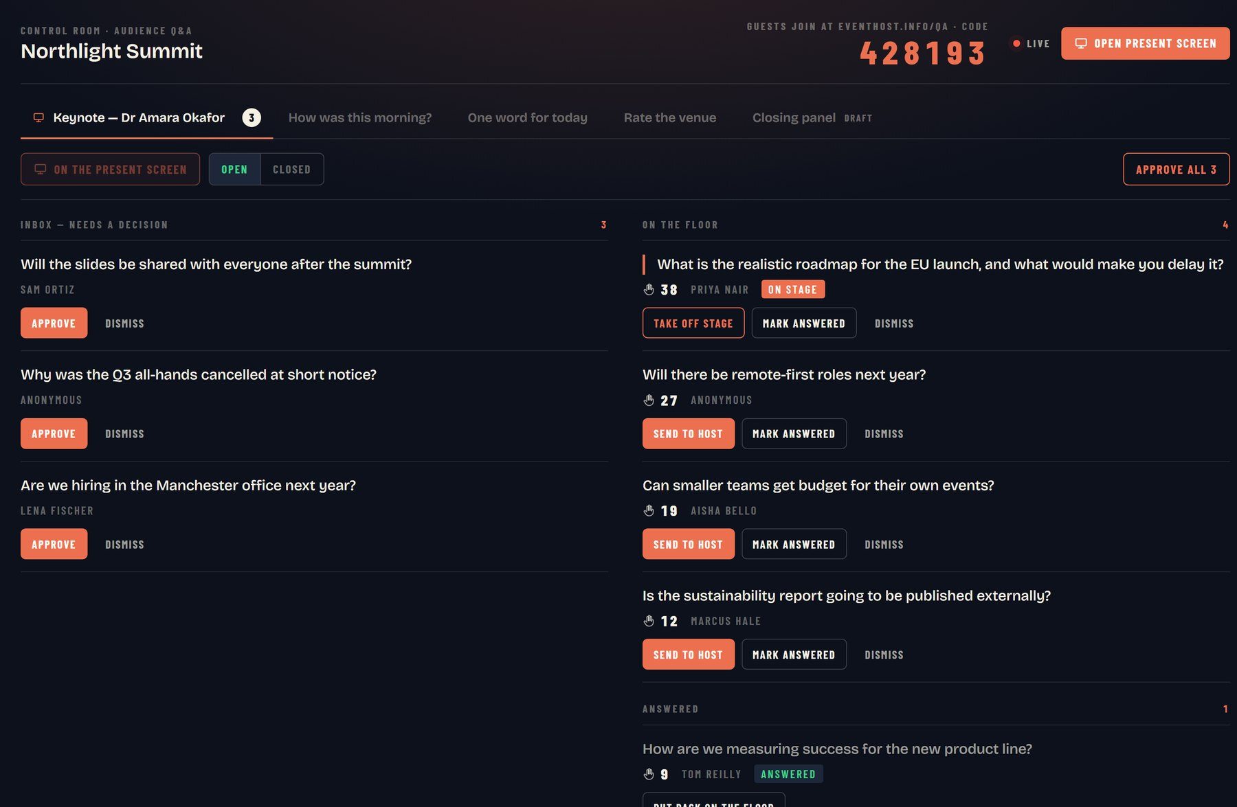 RoomReader moderation screen: questions waiting for approval beside live questions