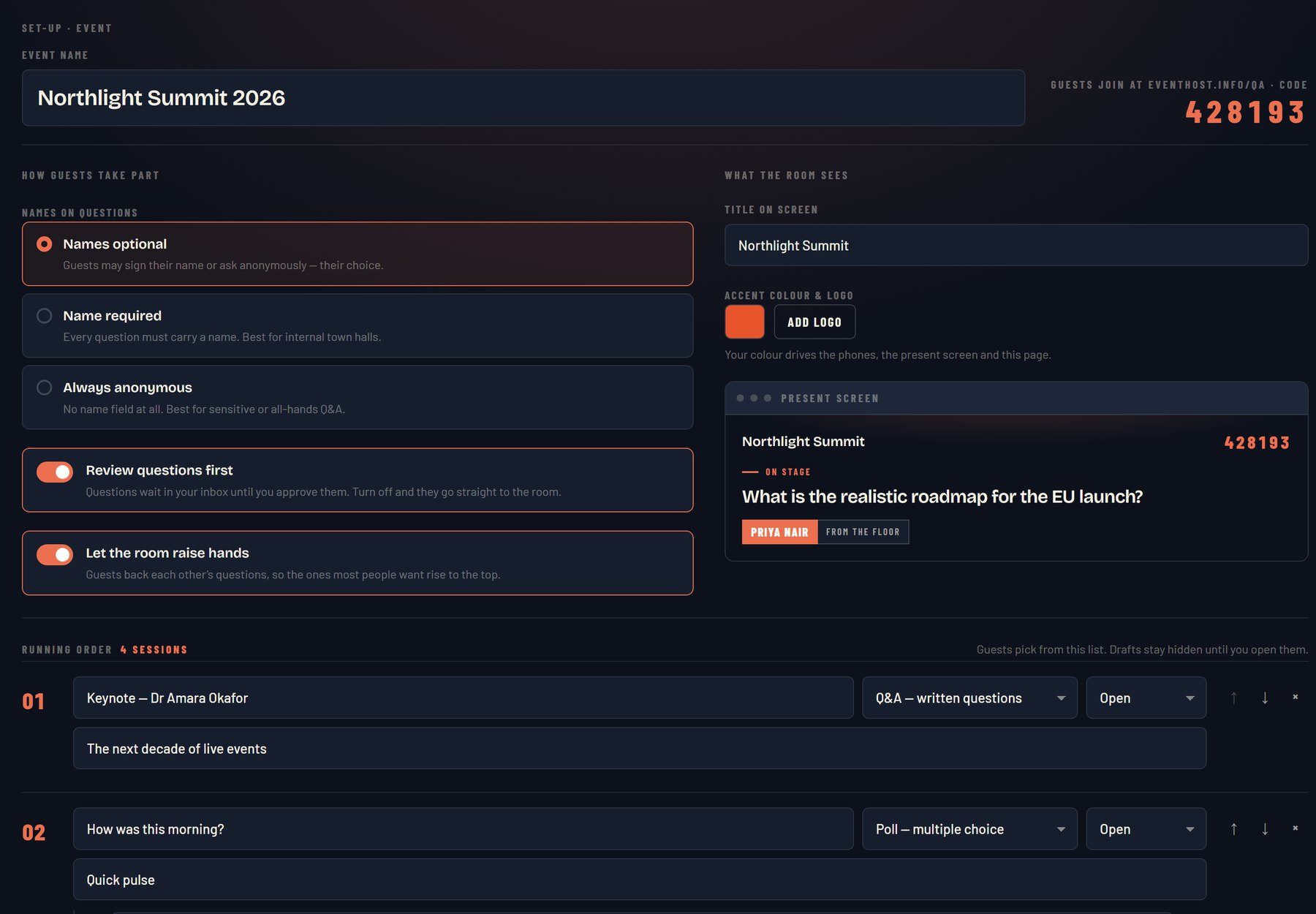 RoomReader event set-up screen